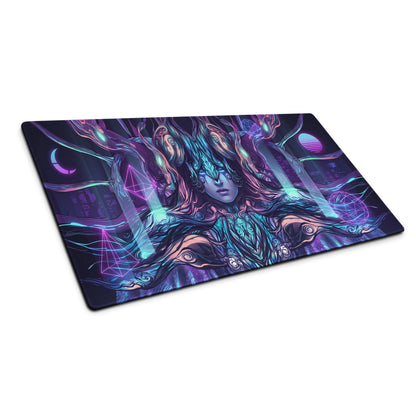 Vaporwave neon goddess gaming mousepad with vibrant nebula-themed illustration in purple blue teal and pink hues