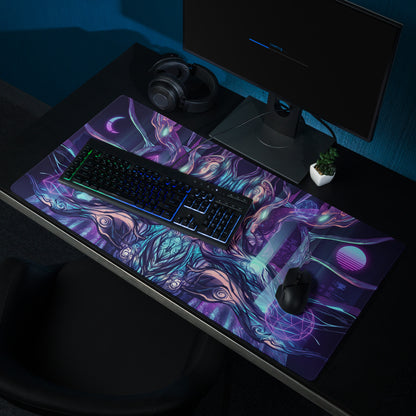 Vibrant vaporwave neon goddess gaming mousepad with psychedelic purple blue pink cosmic patterns for desk use