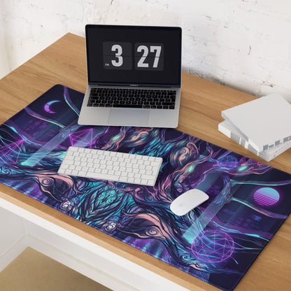 Vaporwave neon goddess mouse pad with vibrant cosmic purple and teal patterns glowing orbs and geometric shapes