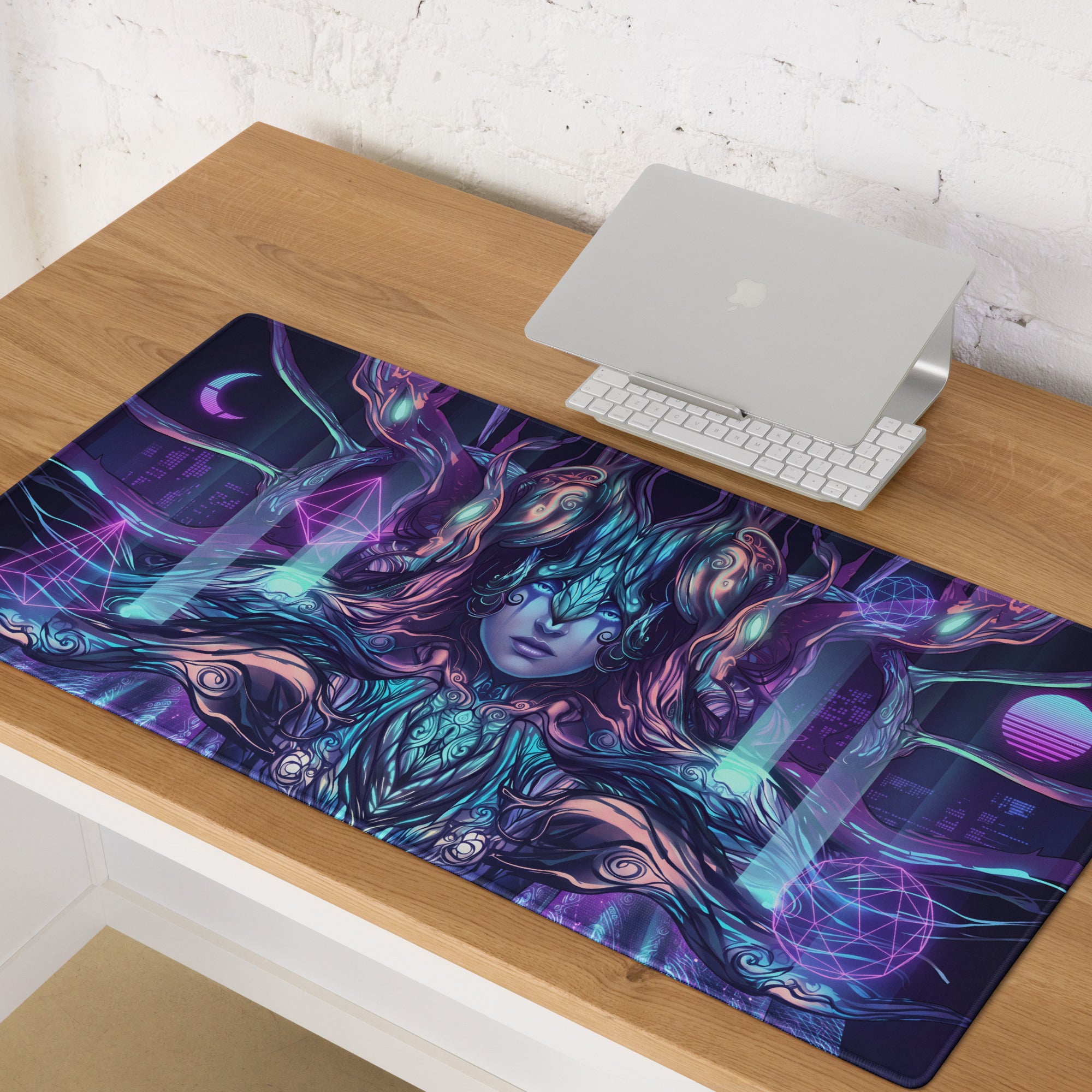 Vaporwave neon goddess mouse pad with neon-purple and teal cyberpunk design featuring a surreal flowing figure