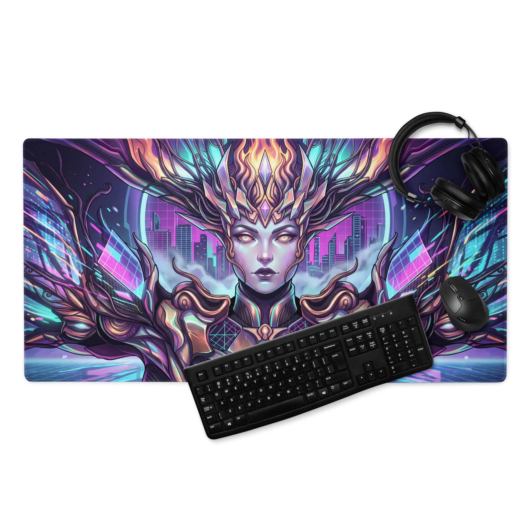 Vibrant purple and teal vaporwave neon goddess gaming mouse pad with ethereal female figure and glowing wings in cyberpunk style