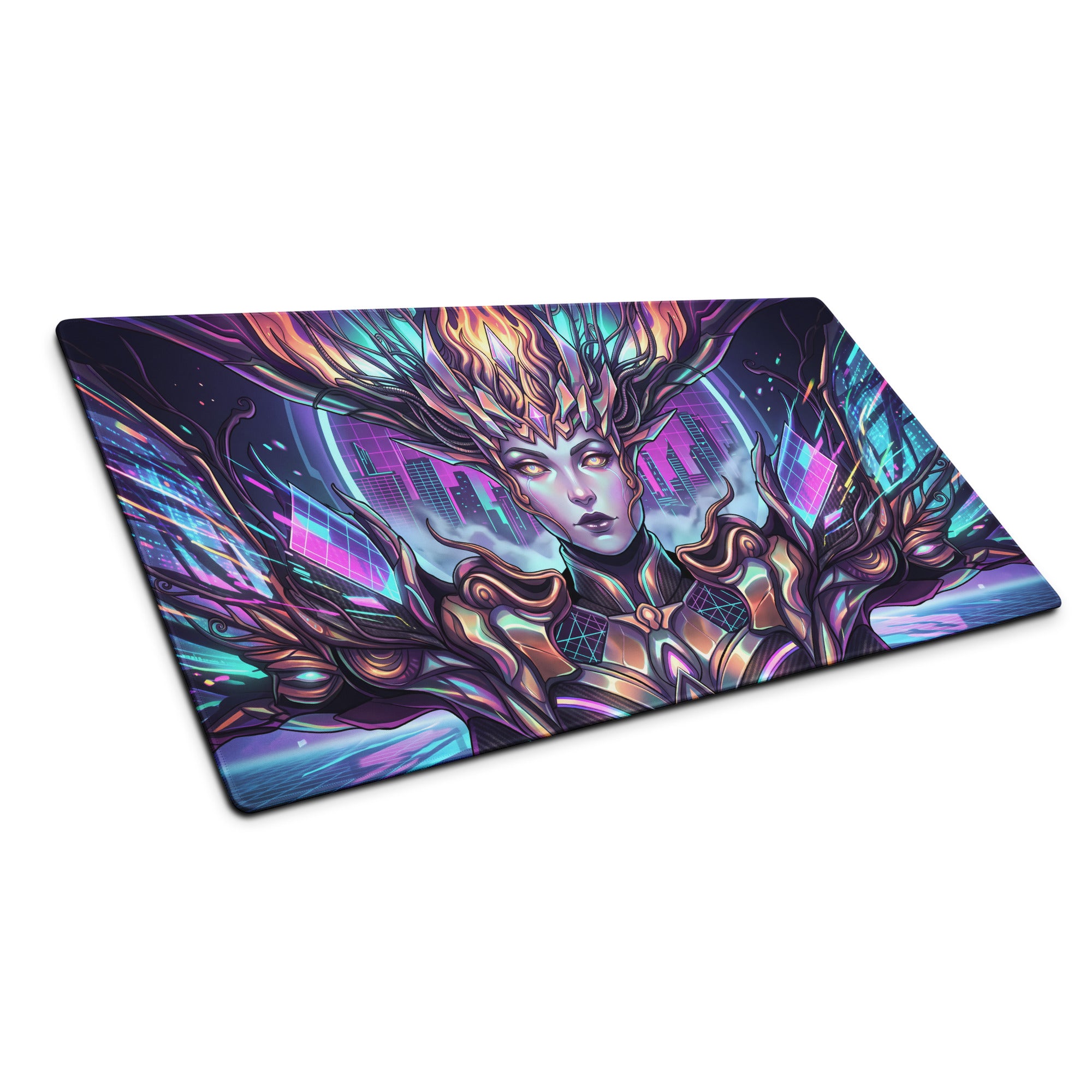 Vaporwave neon goddess gaming mouse pad featuring vibrant neon pink and teal fantasy warrior with glowing flame hair