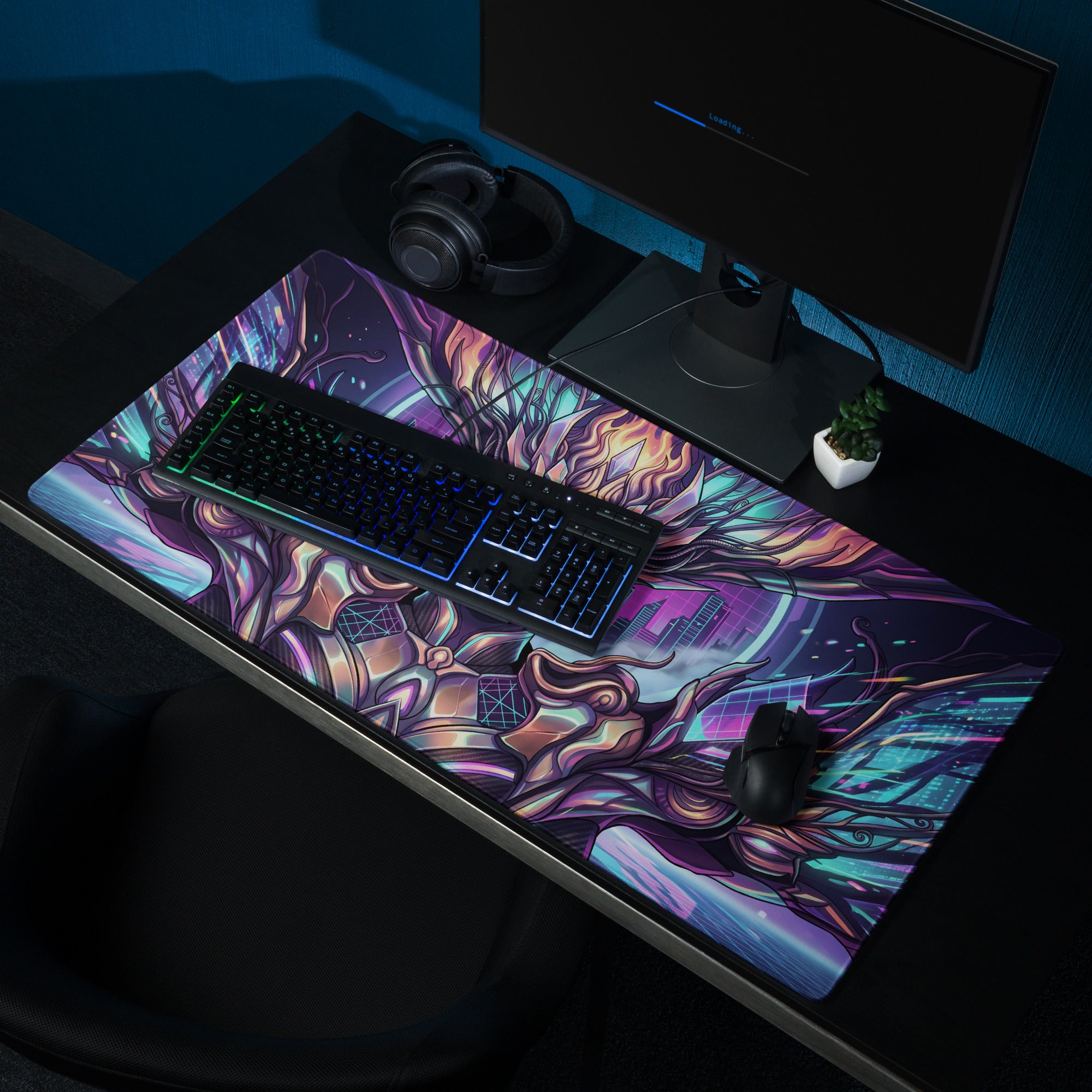 Vaporwave neon goddess gaming mousepad with vibrant purple pink teal swirling neon hues for esports use
