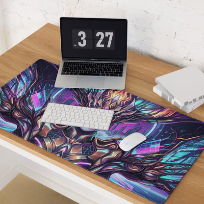 Vaporwave neon goddess gaming mouse pad with vibrant neon purple teal cyberpunk glowing cityscape design