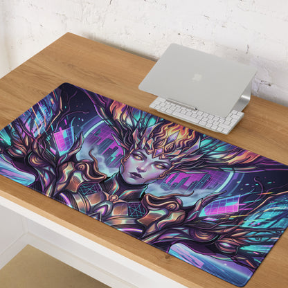 Vaporwave neon goddess pad gaming mousepad with vibrant purple blue cyberpunk art of armored woman in futuristic cityscape