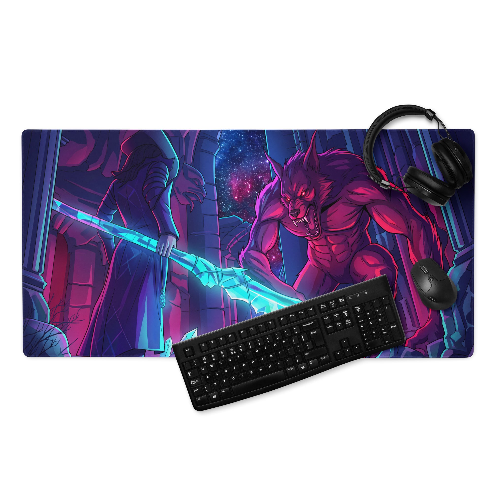 Vaporwave neon wolf mouse pad in vibrant neon pink and purple featuring a werewolf battling a cloaked figure with blue sword