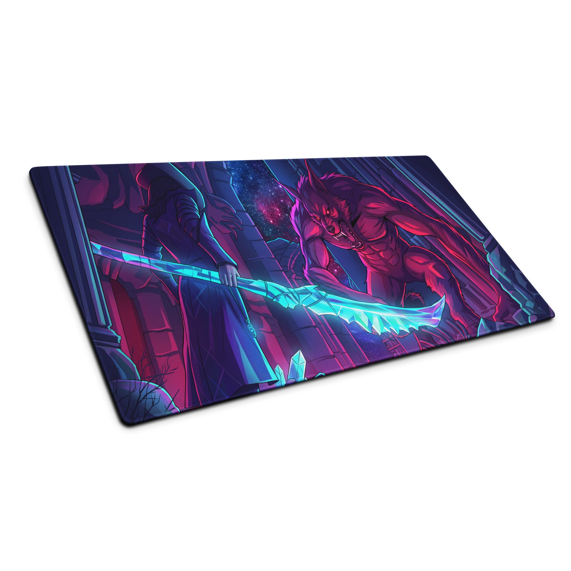 Vaporwave neon wolf gaming mousepad with vibrant neon pink and cyan design featuring a muscular red demon with glowing sword