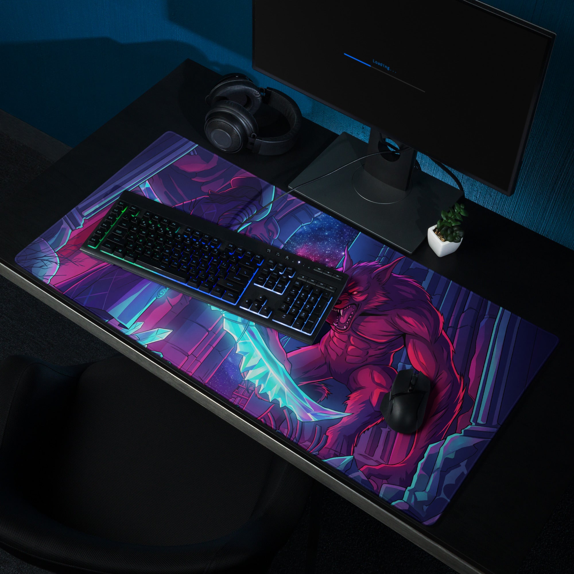 Vaporwave neon wolf mouse pad with vibrant purple and neon blue featuring a muscular red wolf and glowing cyan sword for gaming setups