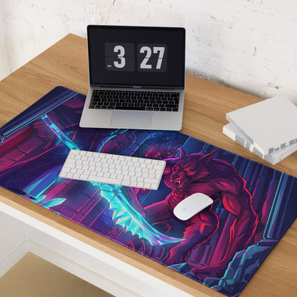 Navy blue and magenta gaming mouse pad with glowing cyan sword-wielding werewolf in vaporwave cyberpunk style