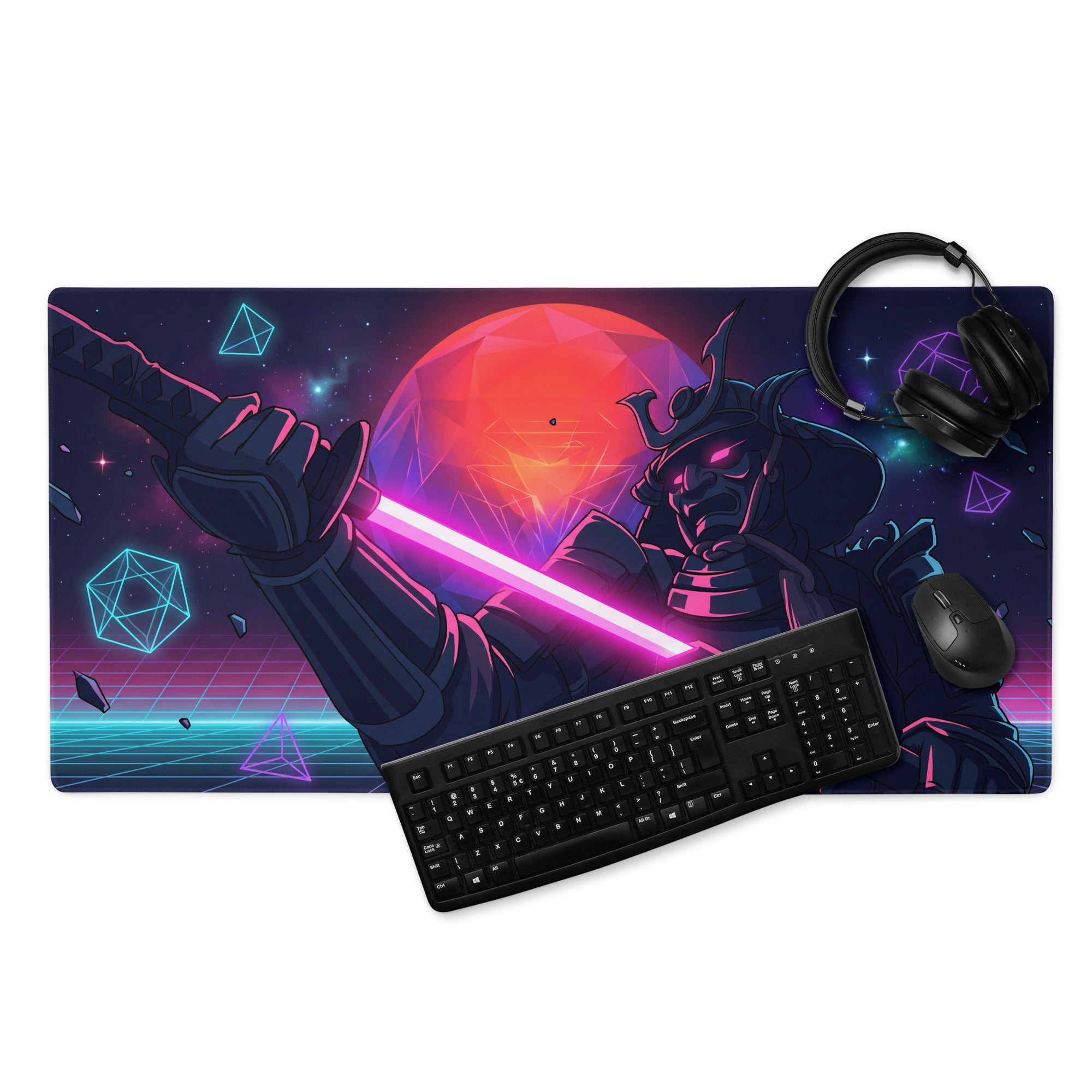Neon vaporwave galaxy mouse pad with ninja-themed vibrant neon pink and blue cyberpunk geometric design on dark background