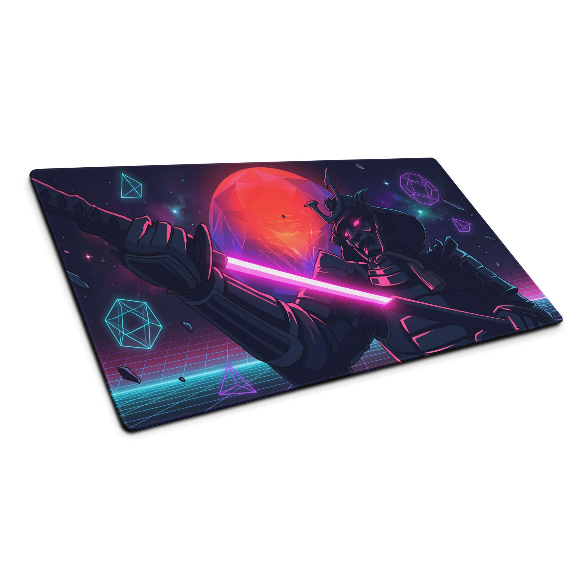 Neon vaporwave galaxy mouse pad featuring a samurai with a pink lightsaber on a vibrant nebula cosmic backdrop