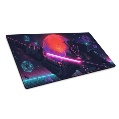 Neon vaporwave galaxy mouse pad featuring a samurai with a pink lightsaber on a vibrant nebula cosmic backdrop