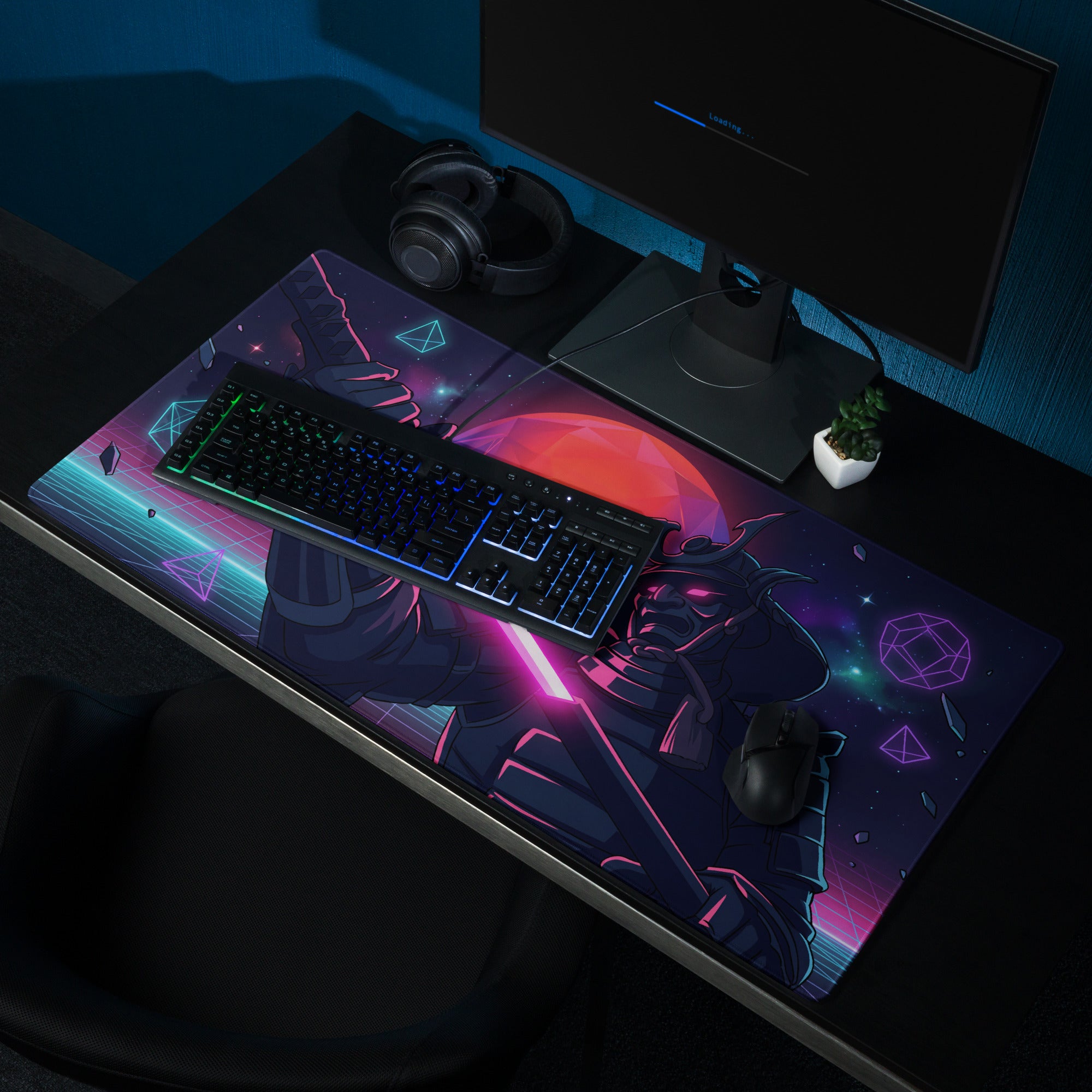 Neon vaporwave galaxy mouse pad featuring a nebula-themed dark fantasy character with pink and cyan geometric accents