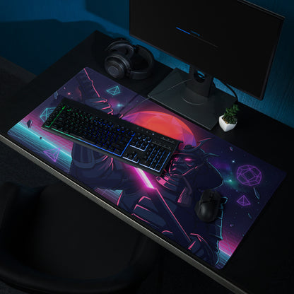 Neon vaporwave galaxy mouse pad featuring a nebula-themed dark fantasy character with pink and cyan geometric accents