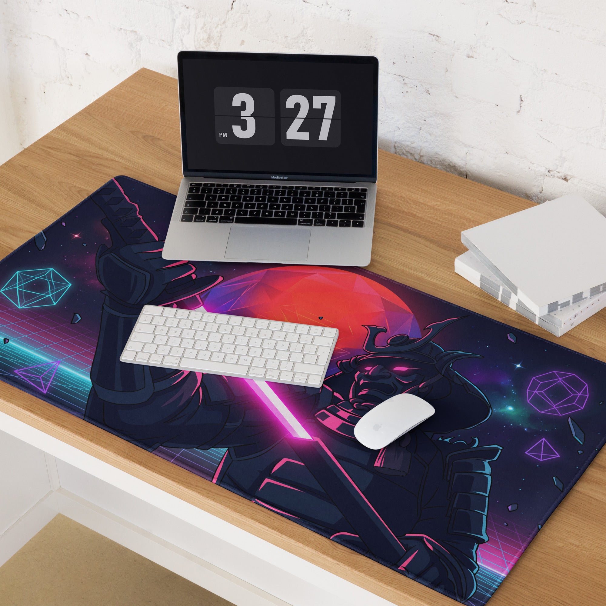 Neon vaporwave galaxy mouse pad with ninja theme featuring neon pink and purple geometric designs on a dark cosmic background
