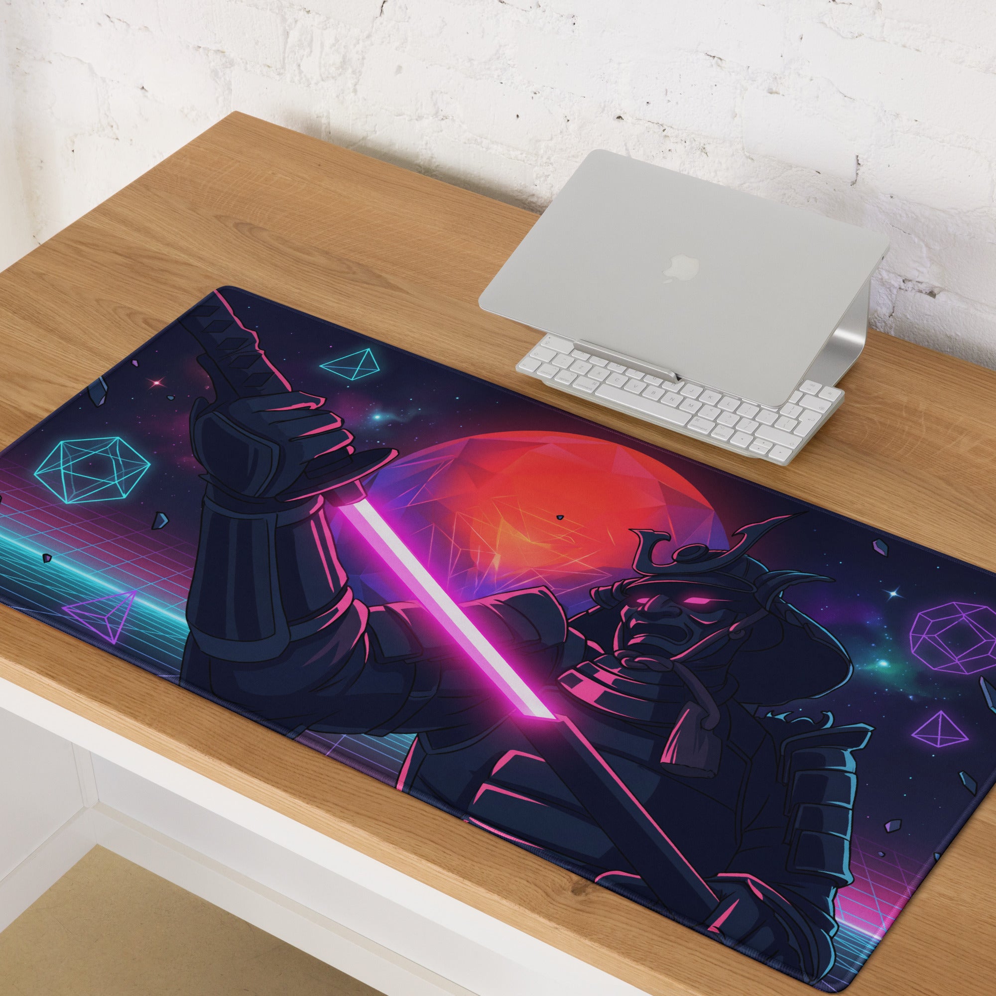 Navy blue and pink neon vaporwave galaxy mouse pad featuring a samurai with glowing lightsaber and cosmic geometric design