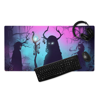 Neon vaporwave forest gaming mousepad with dark fantasy silhouettes glowing eyes and antlers on purple teal gradient