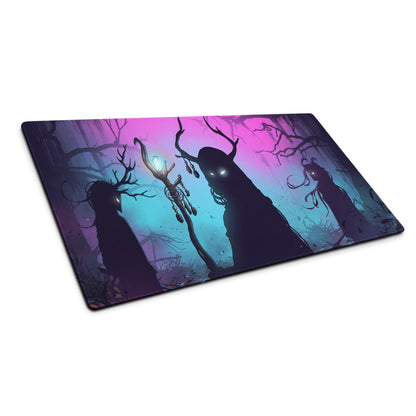 Purple and teal neon vaporwave forest mouse pad with silhouetted figures for gaming and desk use in retro aesthetic