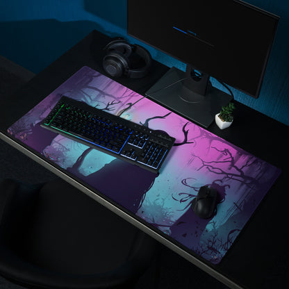 A vibrant purple and pink gradient neon vaporwave forest mouse pad with silhouetted trees for gaming desks