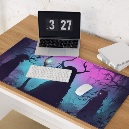 A vibrant neon pink and purple gaming mouse pad with a dark fantasy vaporwave forest and glowing blue trees design