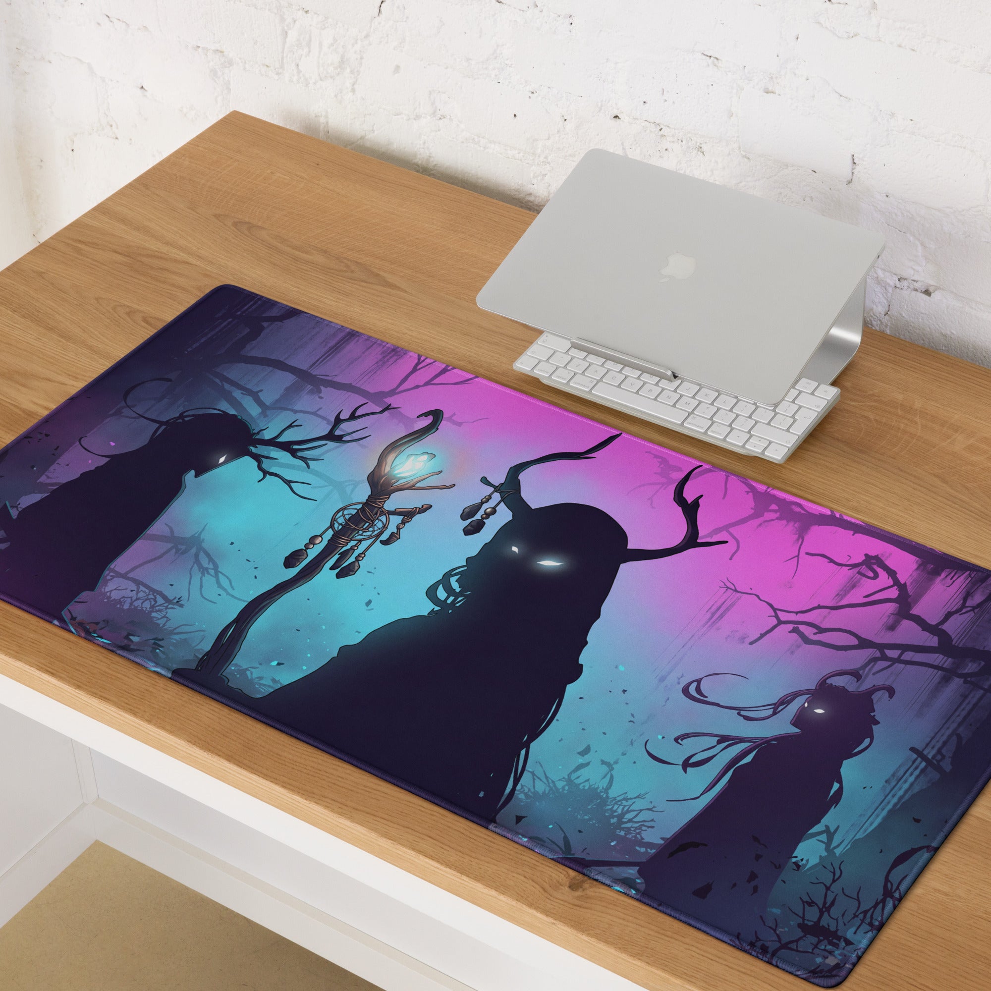 Rectangular neon vaporwave forest gaming mouse pad with purple teal gradient and fantasy character silhouettes on trees