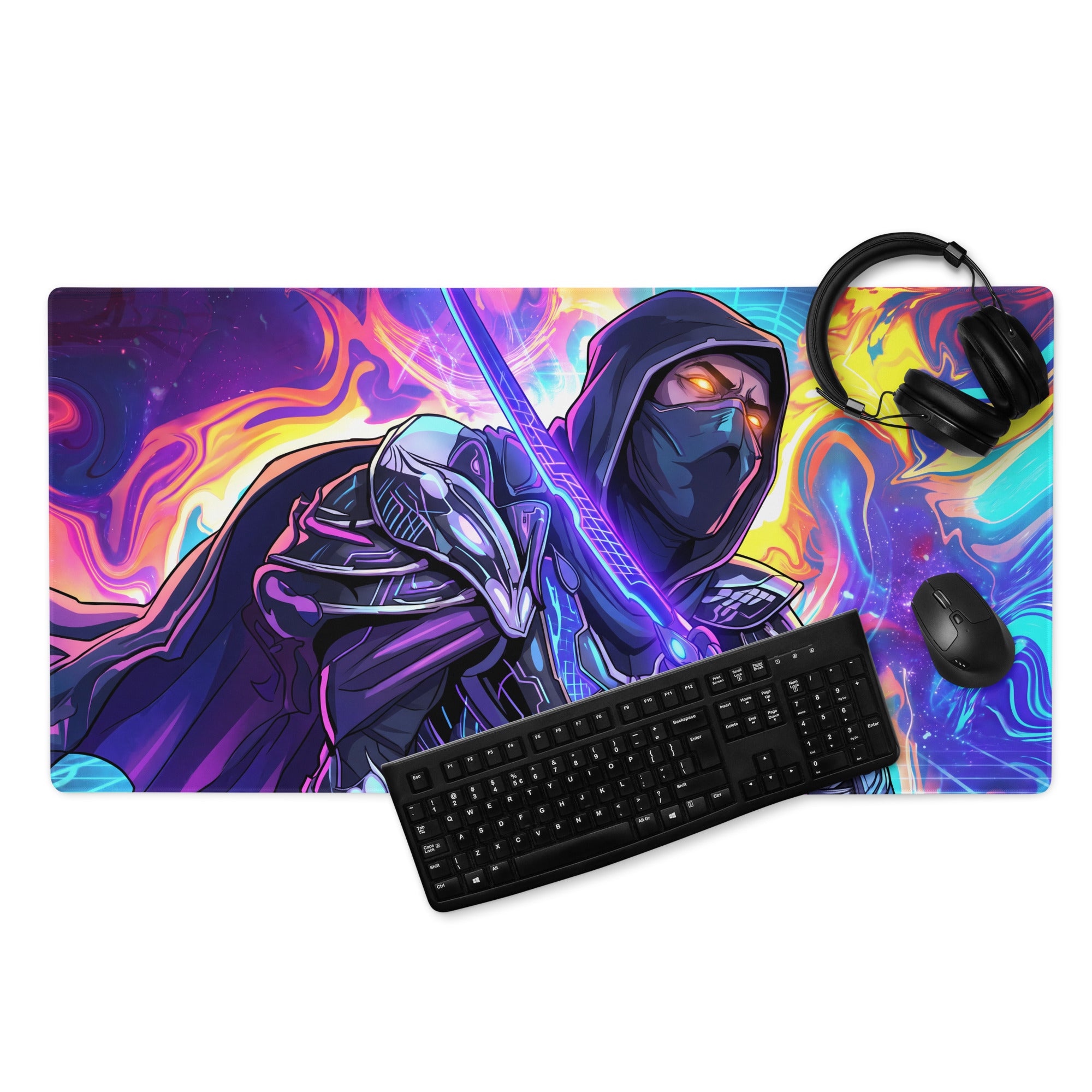 Neon ninja vaporwave gaming mousepad with psychedelic ninja warrior in dark armor glowing orange eyes and cosmic colors