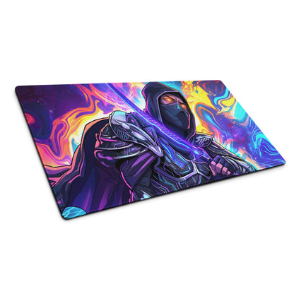 Vibrant neon ninja vaporwave rectangular gaming mousepad with dark armored ninja and glowing orange eyes on psychedelic swirl
