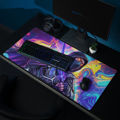 Vibrant neon ninja vaporwave mouse pad with colorful masked warrior and glowing sword on cosmic background
