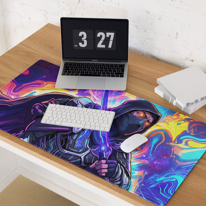 Vibrant neon ninja vaporwave gaming mouse pad with a cosmic theme featuring a dark armored ninja and colorful nebulae