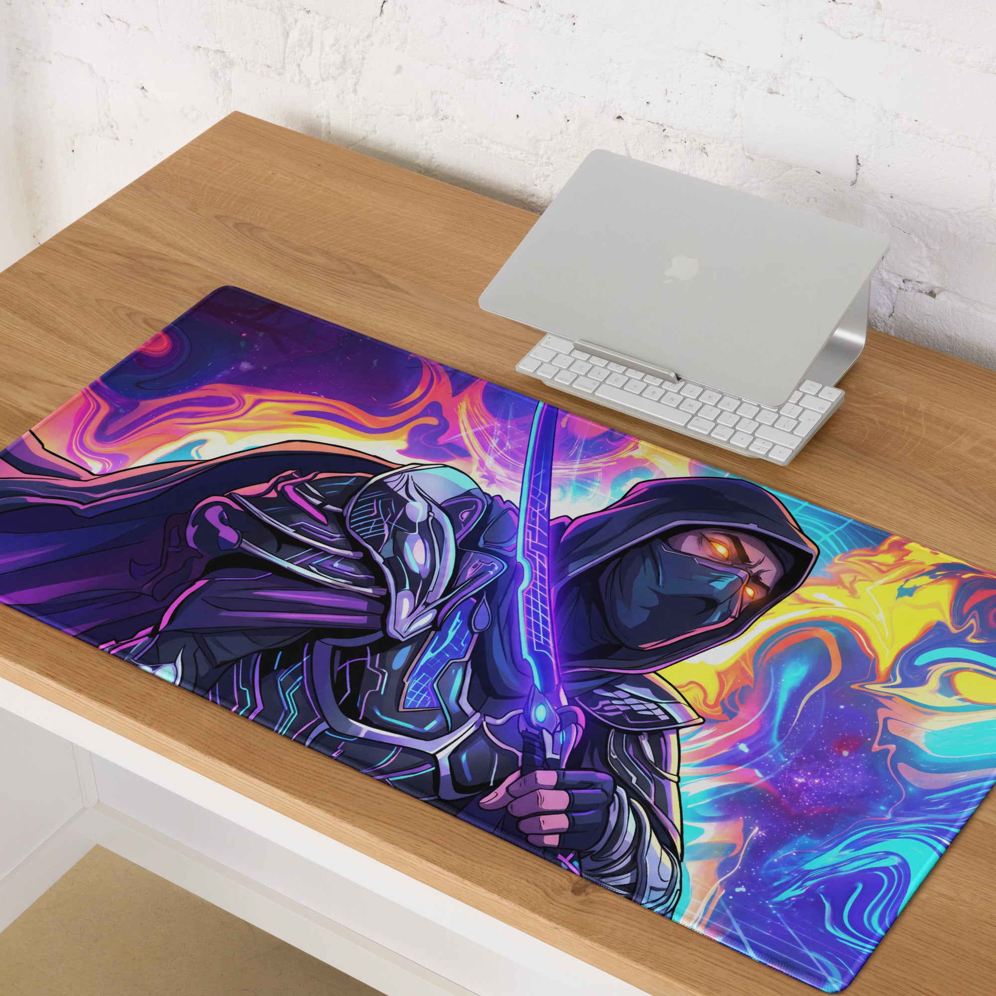 Neon ninja vaporwave gaming mousepad with galaxy theme featuring dark armored ninja and glowing purple sword design