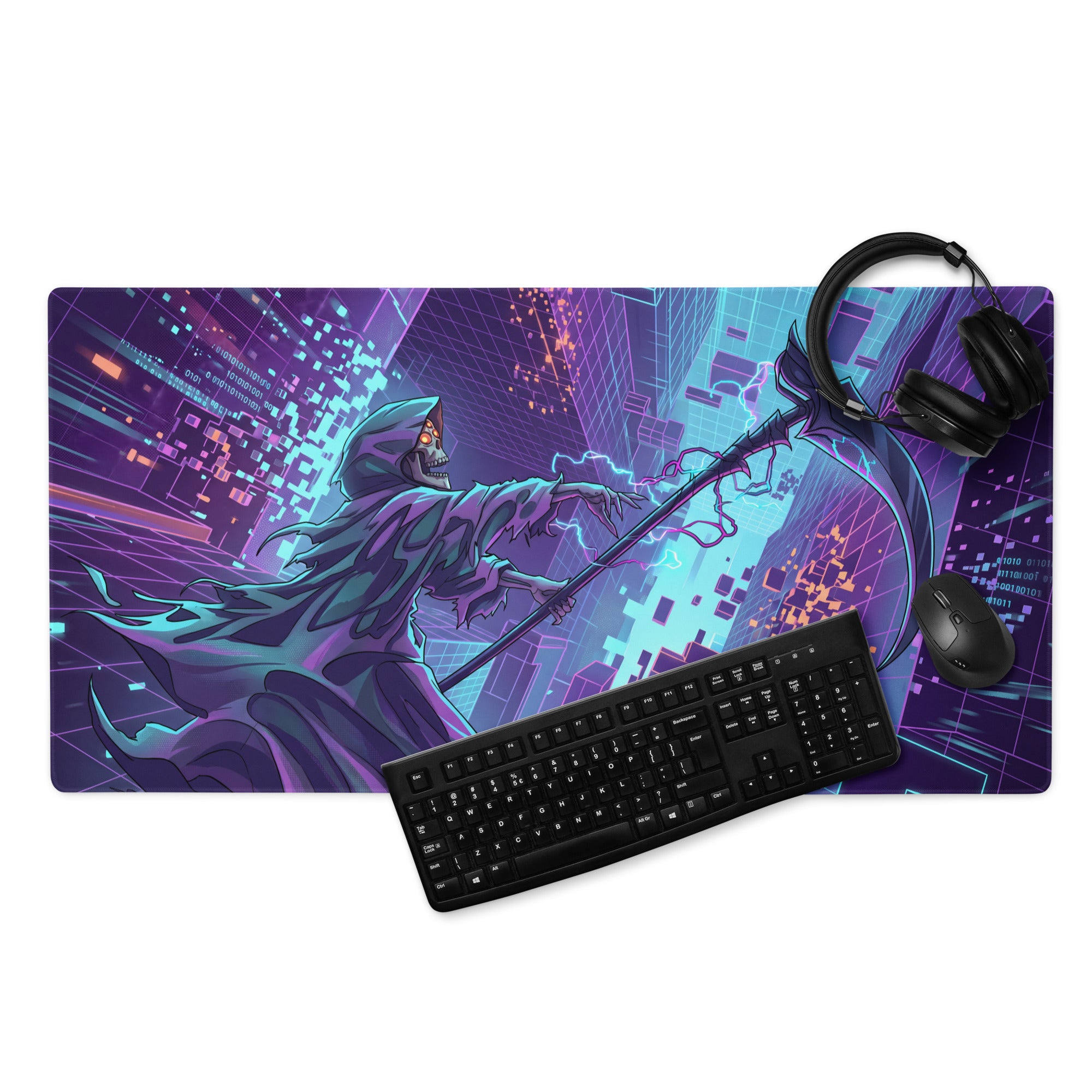 Neon vaporwave dragon mouse pad with vibrant purple and teal digital art of a skeletal reaper in a futuristic cityscape