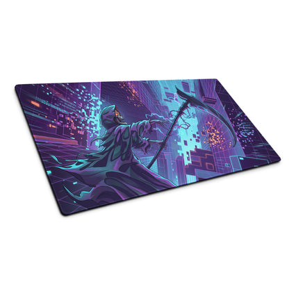 Narrow rectangular neon vaporwave dragon mouse pad with vibrant purple blue cyberpunk hooded figure scythe design