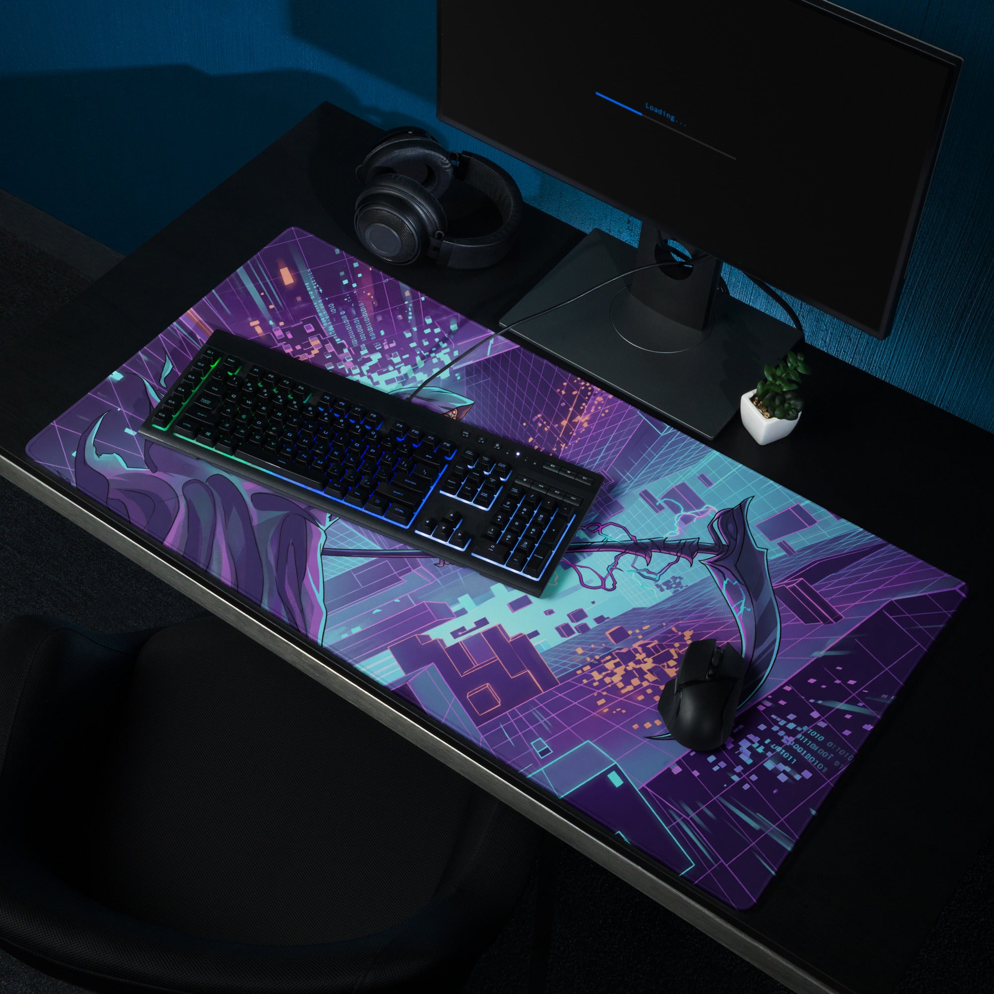 Neon vaporwave dragon gaming mouse pad with vibrant purple and teal cyberpunk cityscape and glossy finish