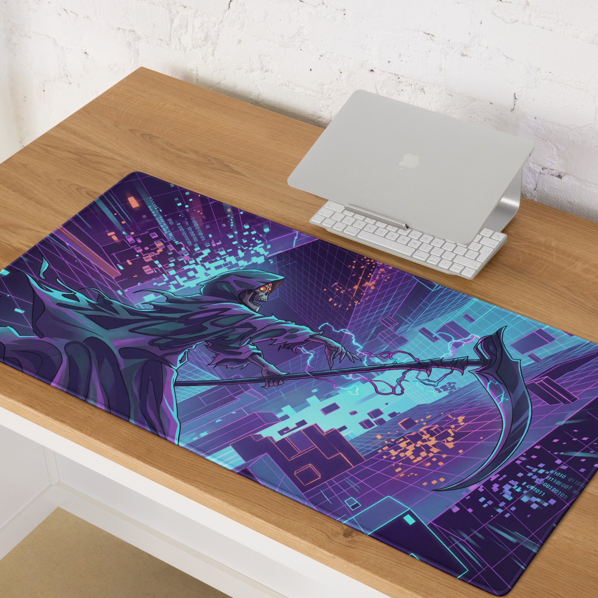 Navy blue and teal digital art mouse pad featuring a stylized grim reaper in a cyberpunk cityscape neon vaporwave style