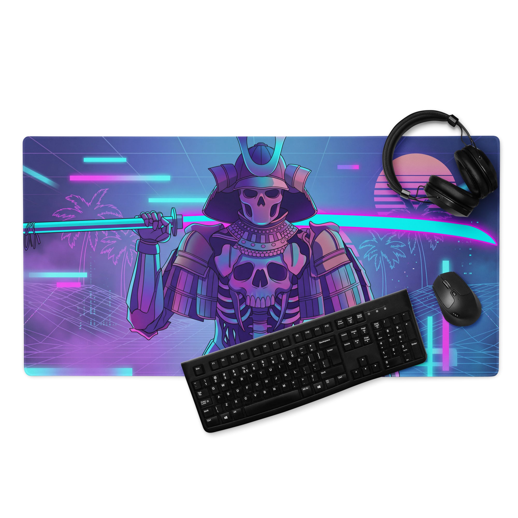 Neon purple and blue gradient gaming mouse pad featuring a nineties-inspired skeletal samurai warrior design