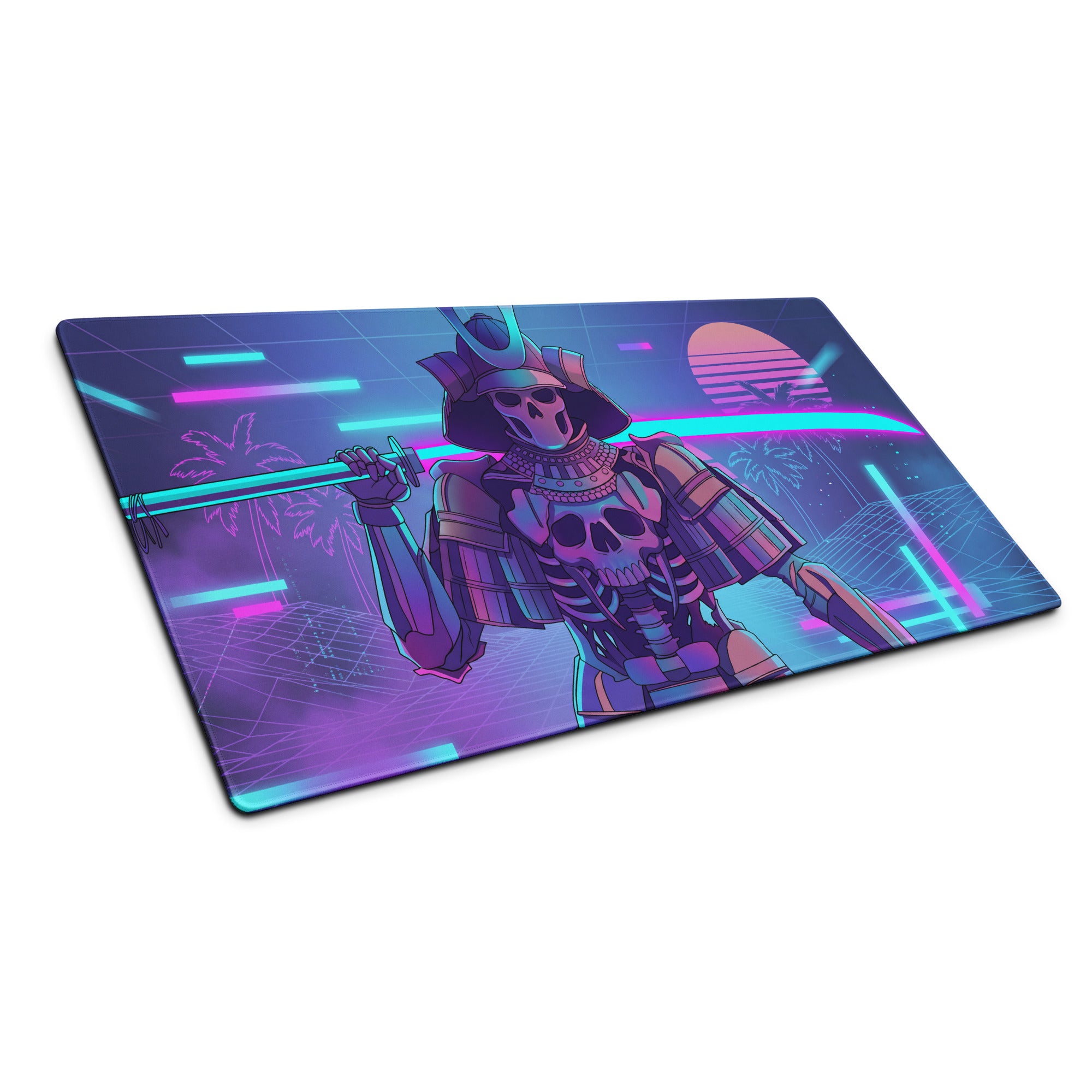 Neon skeleton samurai mouse pad featuring a nineties-inspired purple and blue gradient with a retro-futuristic design
