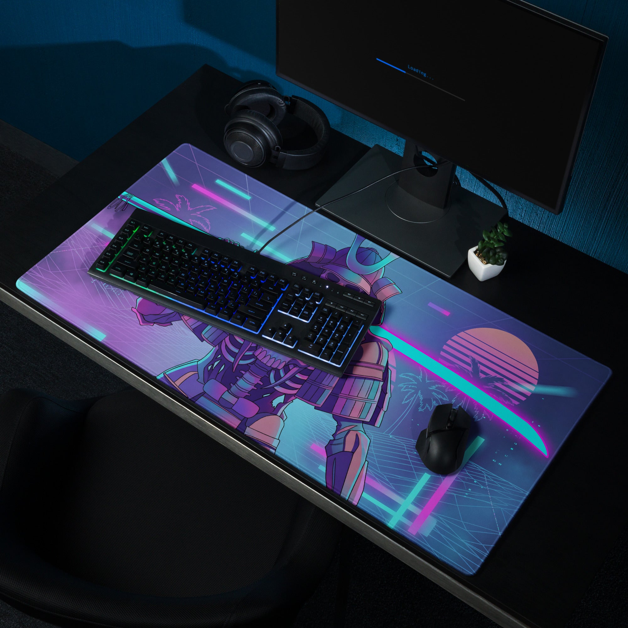 Neon skeleton samurai gaming mouse pad with purple and blue gradient featuring retro-futuristic vaporwave design