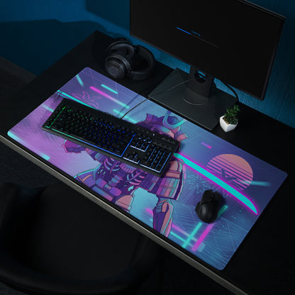 Neon skeleton samurai gaming mouse pad with purple and blue gradient featuring retro-futuristic vaporwave design