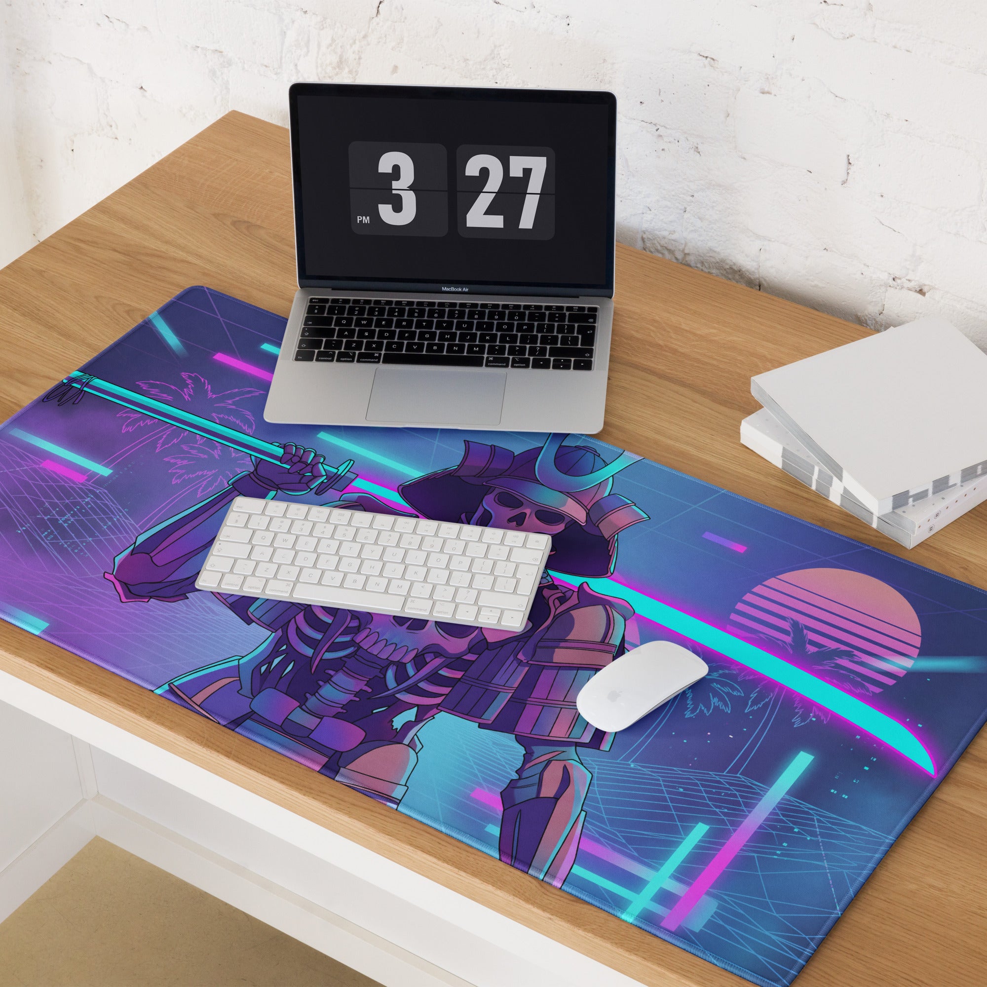 Neon skeleton samurai mouse pad with vibrant neon purple and blue retro-futuristic cyberpunk design for gaming use