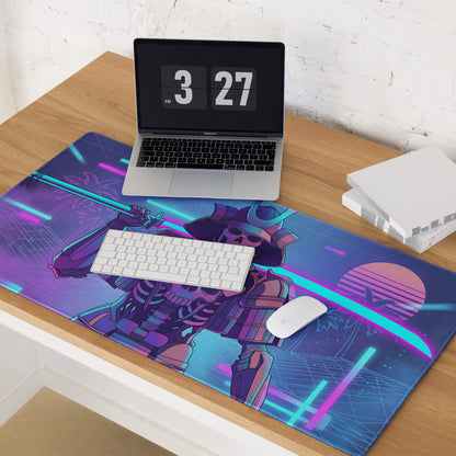 Neon skeleton samurai mouse pad with vibrant neon purple and blue retro-futuristic cyberpunk design for gaming use
