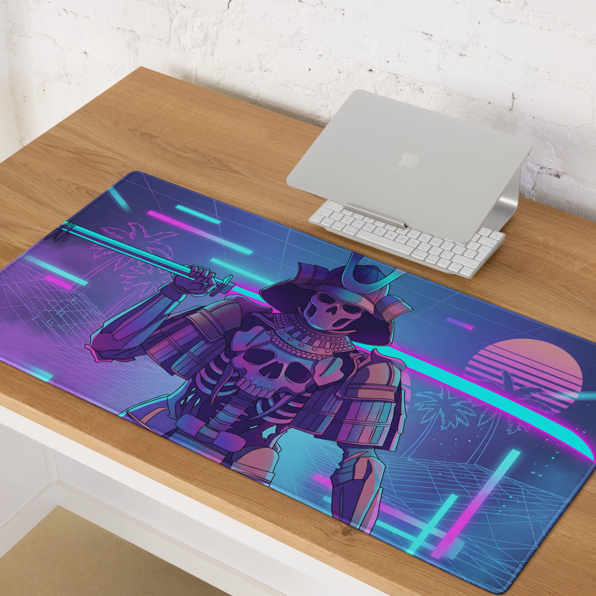 Neon skeleton samurai mouse pad in purple and blue gradient featuring a glowing sword against a retro-futuristic backdrop