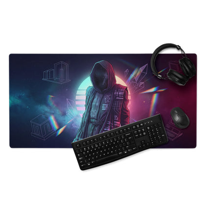 Neon vaporwave mouse pad featuring a navy blue and magenta neon hooded figure with geometric cosmic patterns for gaming