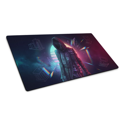 Navy blue rectangular neon vaporwave mouse pad with hooded figure and glowing purple teal cyberpunk design for gaming