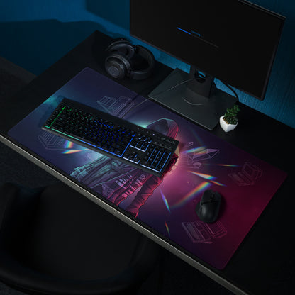 Neon vaporwave gaming mouse pad with vibrant cosmic astronaut design glowing neon accents purple magenta gradient