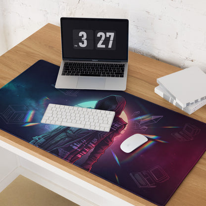 Neon vaporwave mouse pad featuring a hooded figure with rainbow lights and retro computer outlines in purple teal