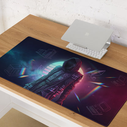 Navy blue gaming mouse pad featuring a futuristic astronaut in a hooded jacket with neon cosmic and geometric designs