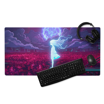 Vibrant purple and pink vaporwave neon goddess gaming mouse pad featuring a glowing blue-haired girl with lightning