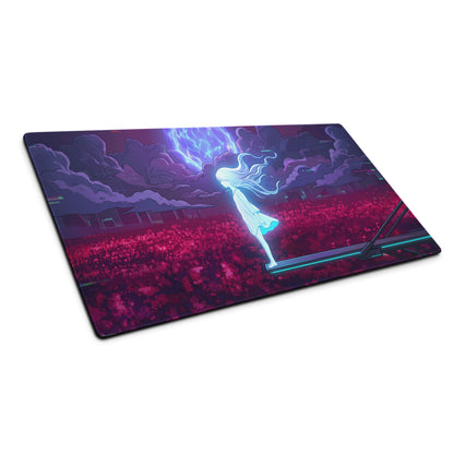 Vaporwave neon goddess rectangular gaming mousepad with vibrant glowing white-haired figure on purple pink sky background
