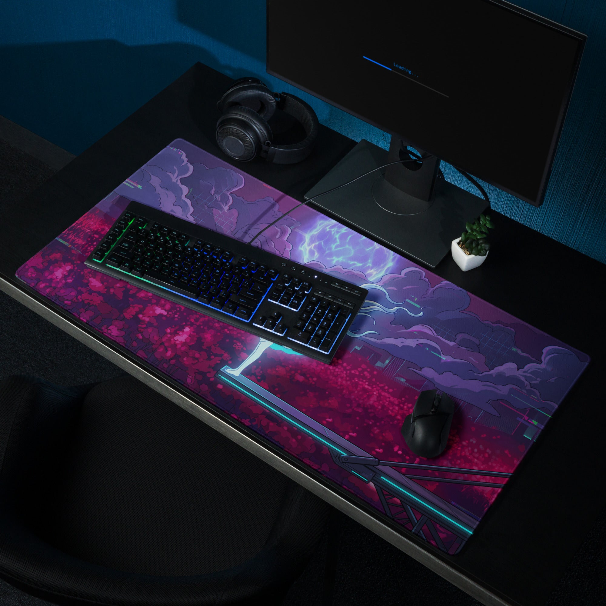 Vaporwave neon goddess gaming mousepad with vibrant pink and purple cosmic design and glowing blue lightning effects