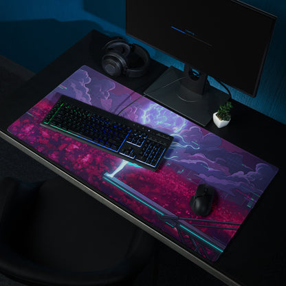 Vaporwave neon goddess gaming mousepad with vibrant pink and purple cosmic design and glowing blue lightning effects
